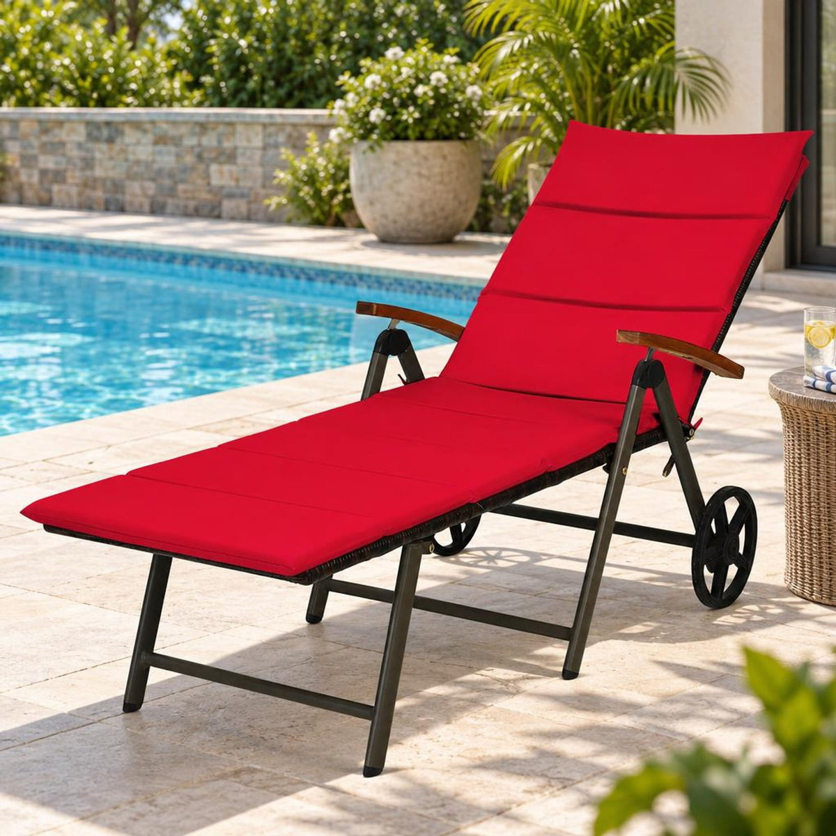 Airfind Outdoor Chaise Lounge Chair Rattan Lounger Recliner Chair, 385 lbs Height from ground to seat: 15.7 Capacity, PE rattan aluminum Frame, Red
