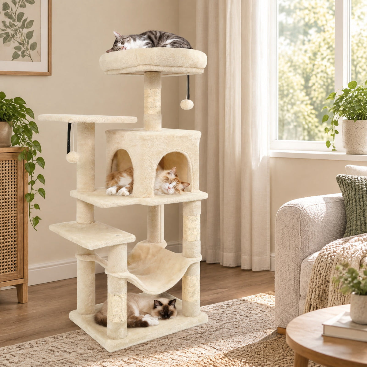 Airfind Multi-Level Cat Tower with 2-Door Condo and Padded Top Perch, PP Cotton Fabric Sisal Engineered Wood Overall Height 44 Base Frame, Beige
