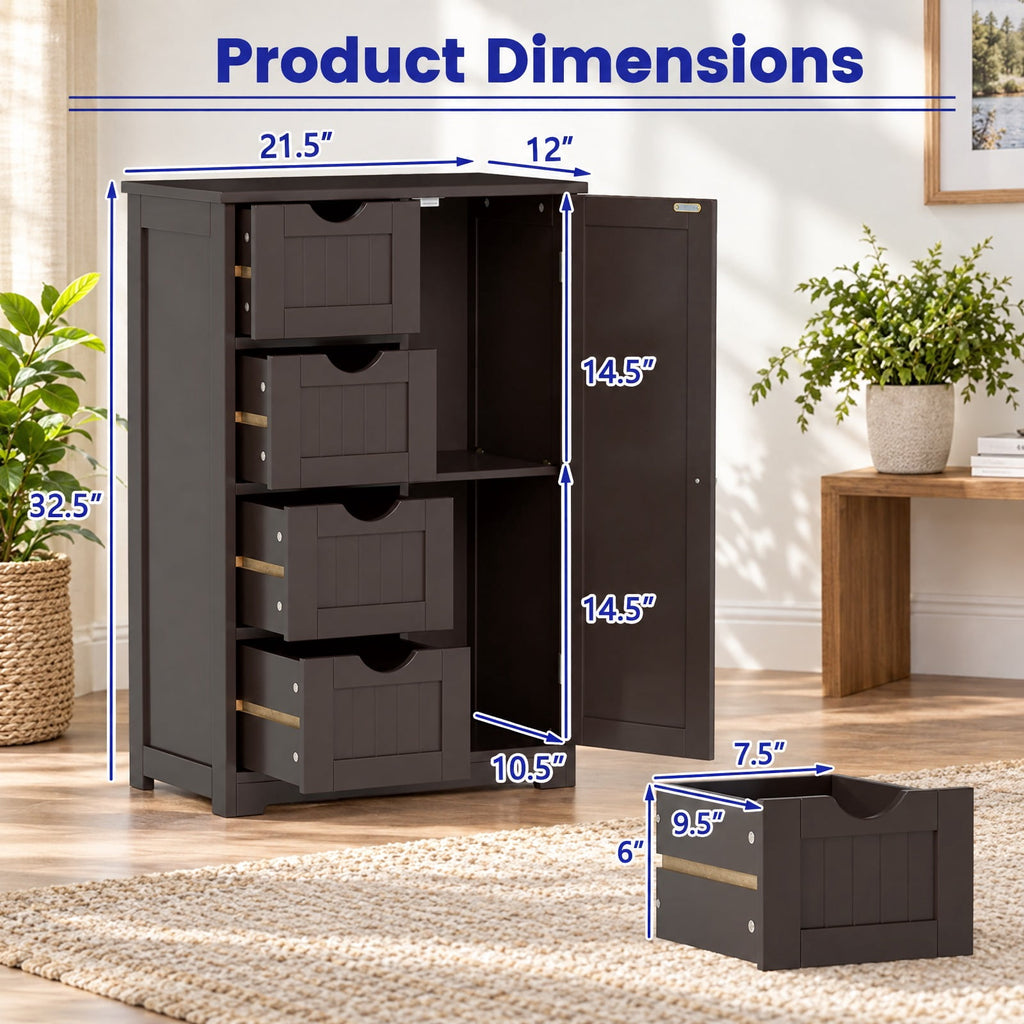Airfind Standing Indoor Wooden Cabinet with 4 Drawers, 143 lbs Capacity, MDF Engineered Wood Frame, 21.5 Inch x 12 Inch x 32.5 Inch Footprint, Brown