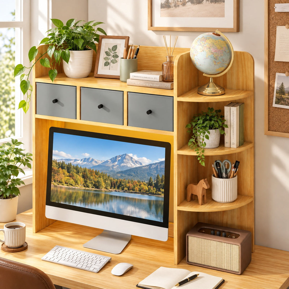 Airfind Desktop Bookshelf with LED Lights 5-Tier Shelves and 3 Drawers for Home Officce, 88 lbs Capacity, Engineered Wood Fabric Frame, Brown