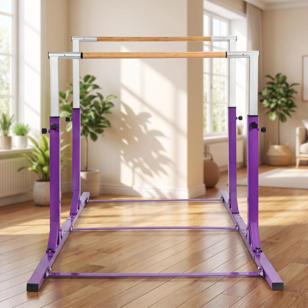 Airfind Kids Double Horizontal Gymnastics Parallel Bars with 11 Level Adjustable Height and Bamboo Grip for Home Training and Practice, Purple