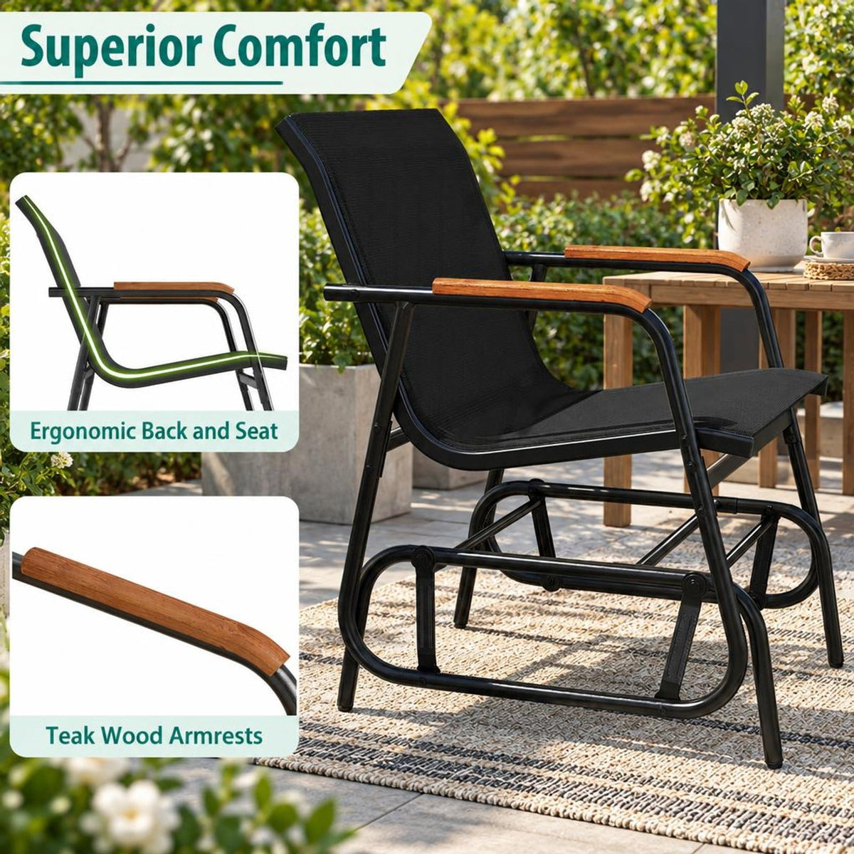 Airfind 3-Piece Outdoor Glider Bistro Set with Tempered Glass Top and Metal Frame, 22 x 18Weight Footprint, Black