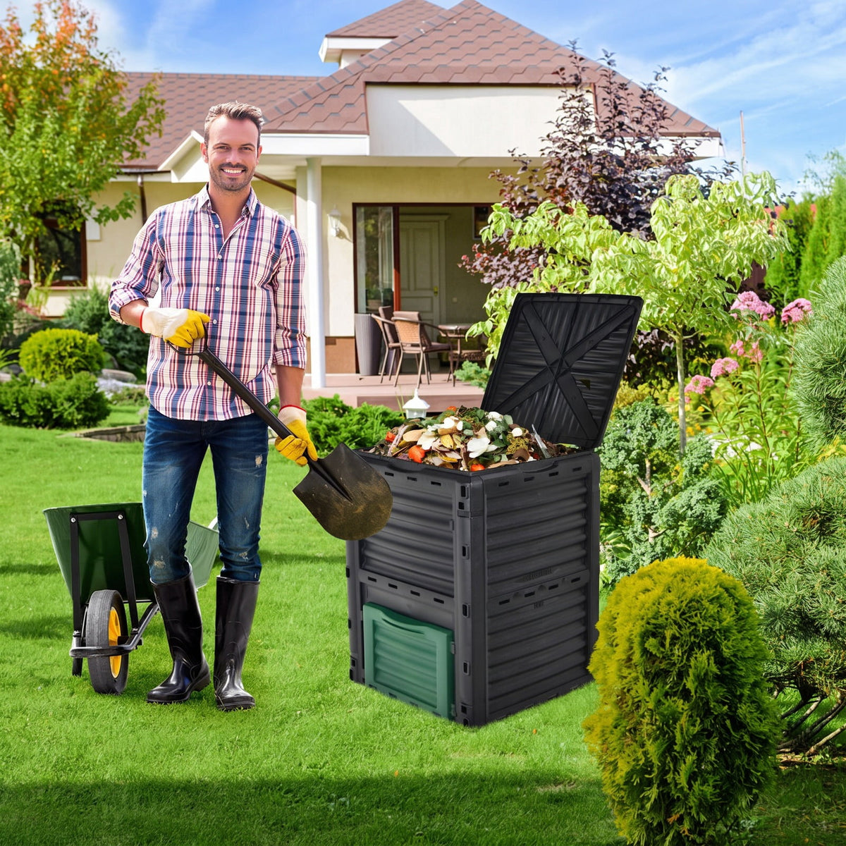 Airfind 80-Gallon Outdoor Composter with Large Openable Lid and Bottom Exit Door, PP Frame, 23.5 x 23 x 32 (L x W x H) Inner Footprint, Green