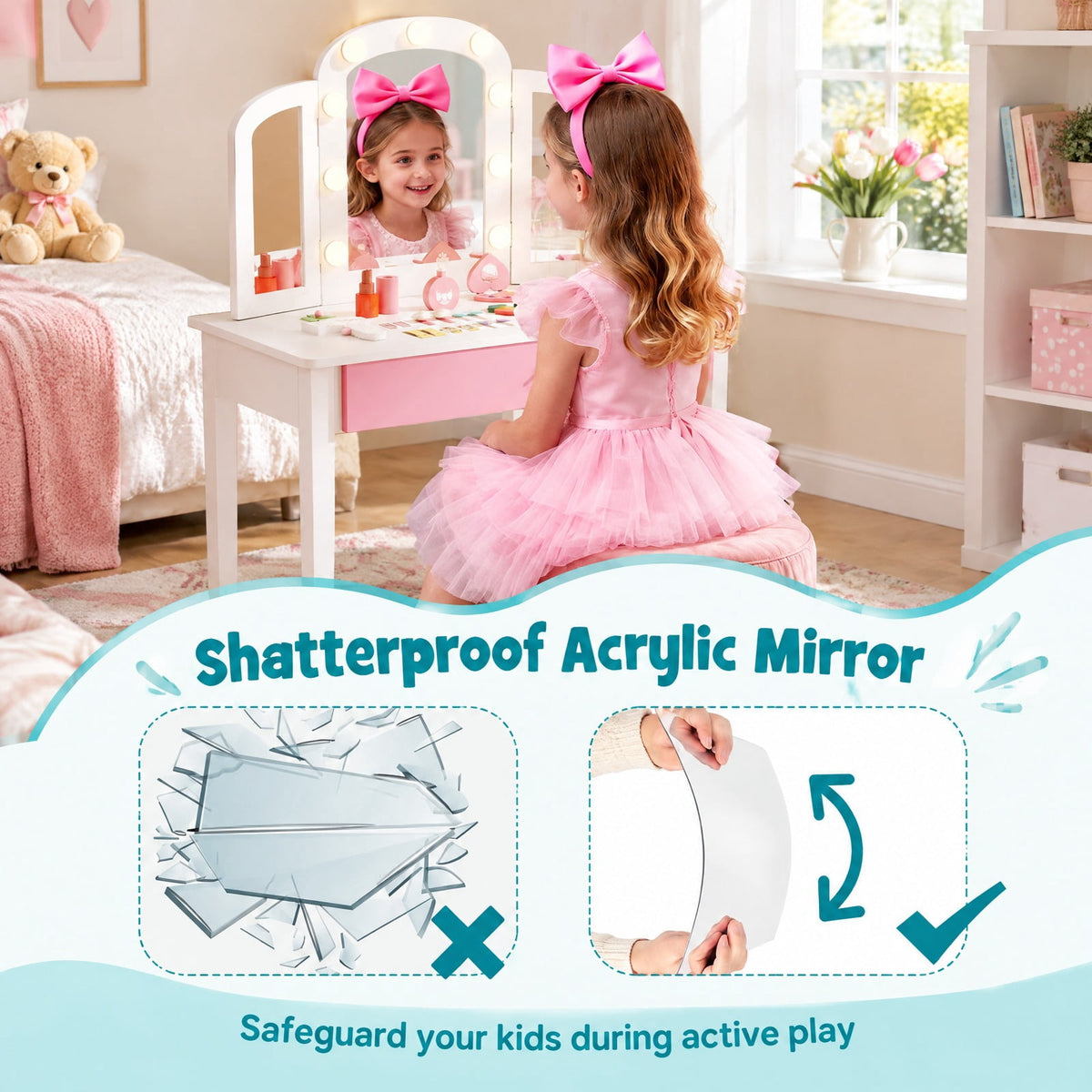 Airfind 2-in-1 Kids Vanity Table Set with Tri-Folding Detachable Mirror and Lights, 110 lbs Capacity, MDF Pine Wood Acrylic Frame, Footprint, White
