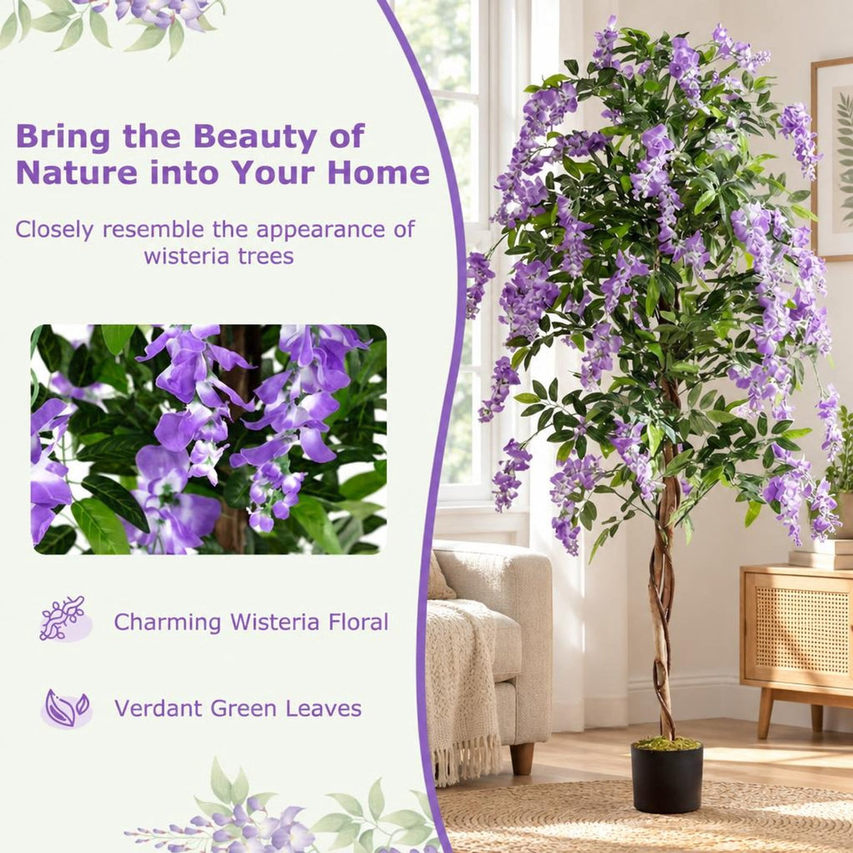 Airfind Fake Ficus Plant 6 FT Artificial Wisteria Tree with Natural Trunks and Purple Lifelike Flowers, Purple