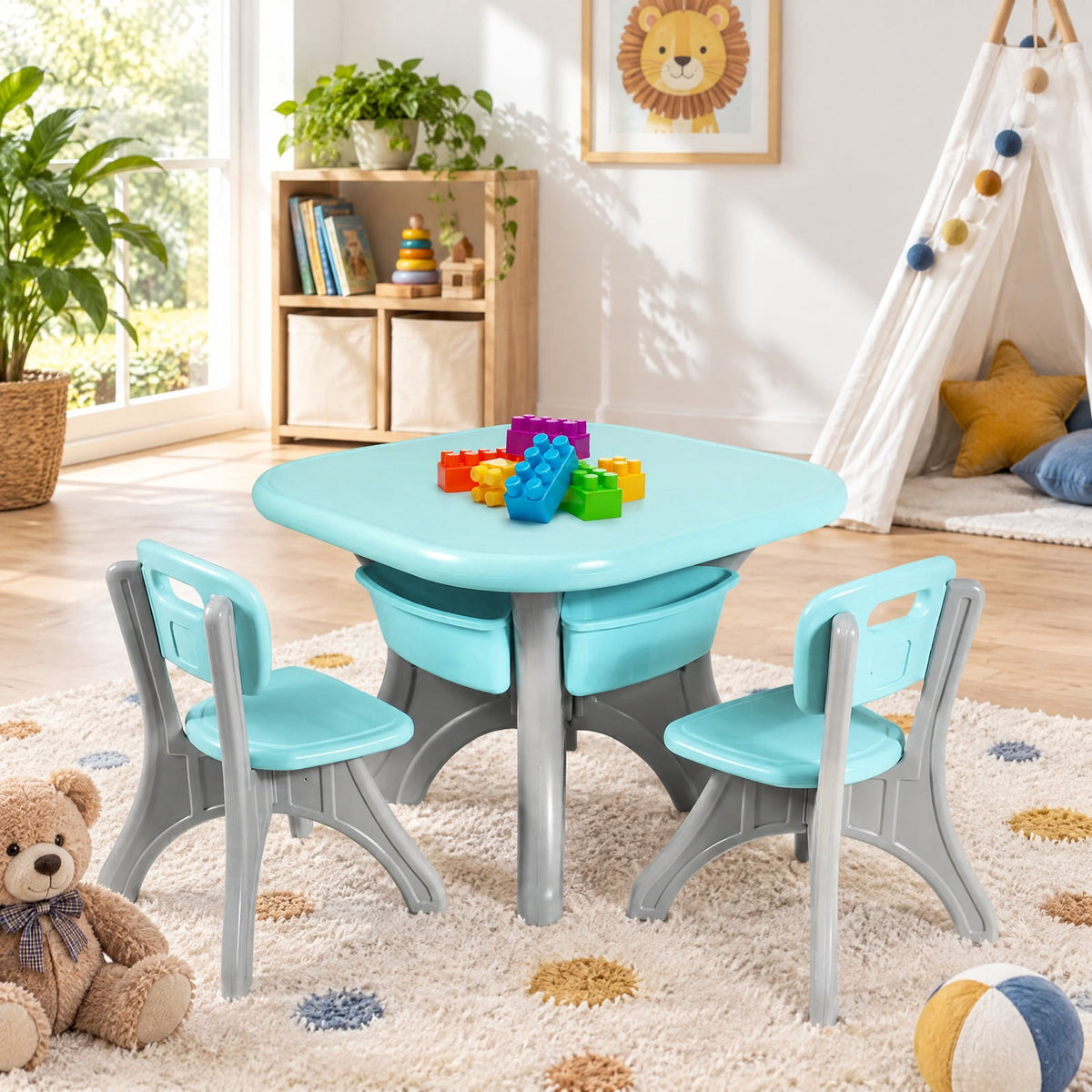 Airfind Youth Activity Table, Youth, and Chair Set Play Furniture W/Storage, 176 lbs Capacity, PP Frame, 27 Inch x 27 Inch x 20 Inch Footprint, Blue
