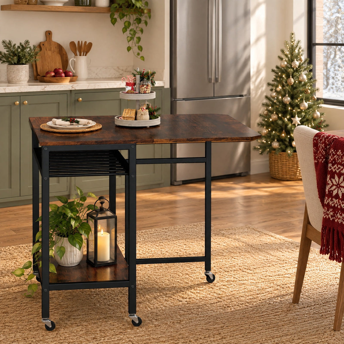 Airfind Folding Dining Table with Expandable Laptop with Wine Rack and Wheels, 66 lbs Capacity, Engineered Wood Metal Frame, Brown