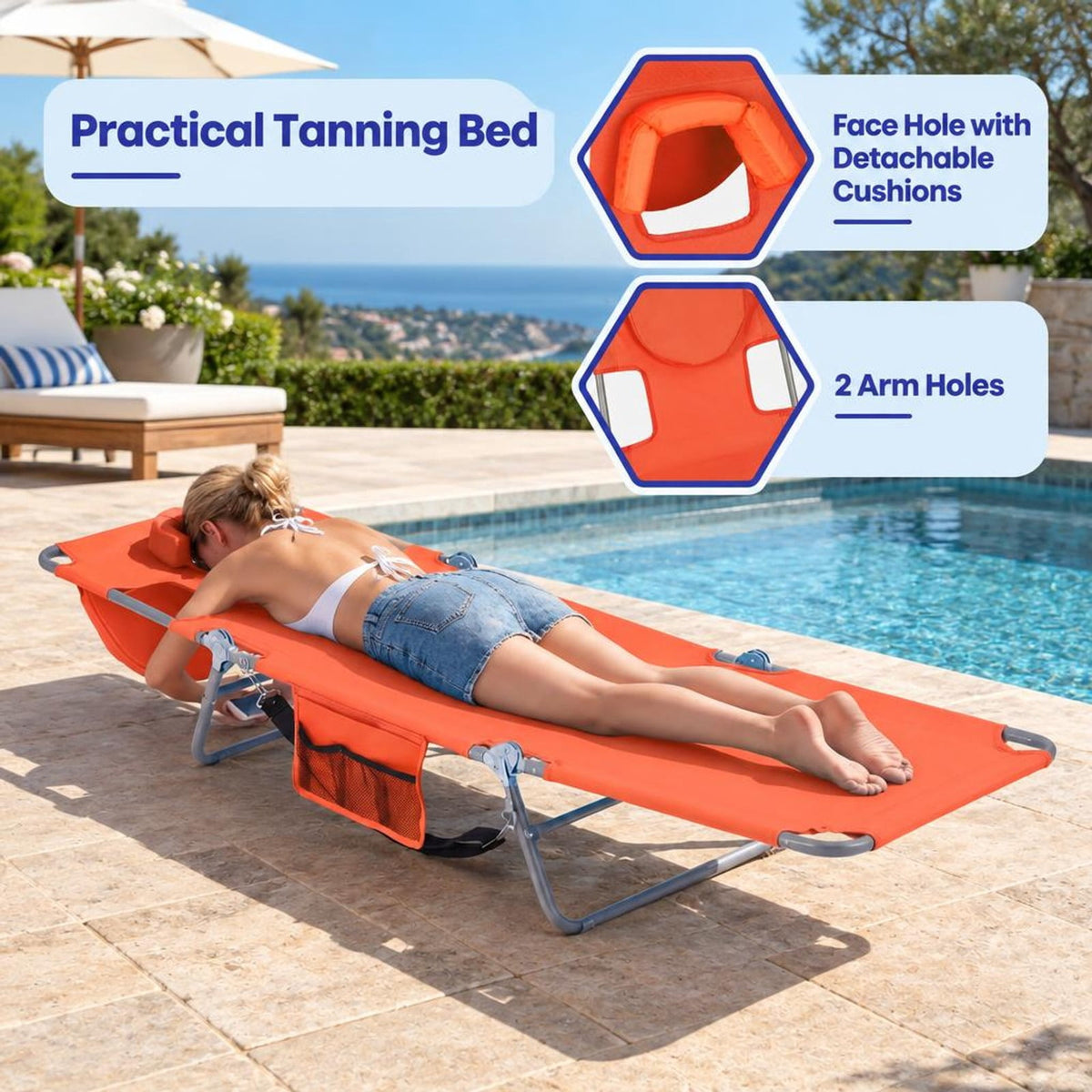 Airfind Folding Beach Lounge Chair with Adjustable Backrest for Lawn, 330 lbs Capacity, Metal Oxford Fabric Polyester Sponge Frame, Orange