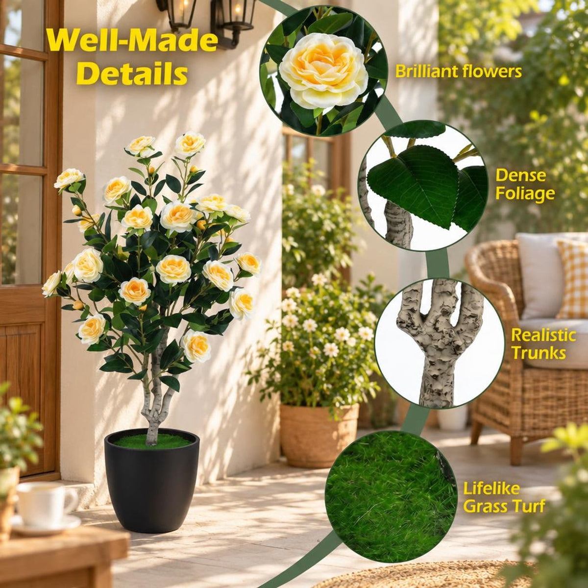 Airfind Set of 2 39.5 Artificial Camellia Tree with Cream Yellow Blossoms in Cement Pot for Decoration, PP Cement PE Fabric Frame, Cream Yellow