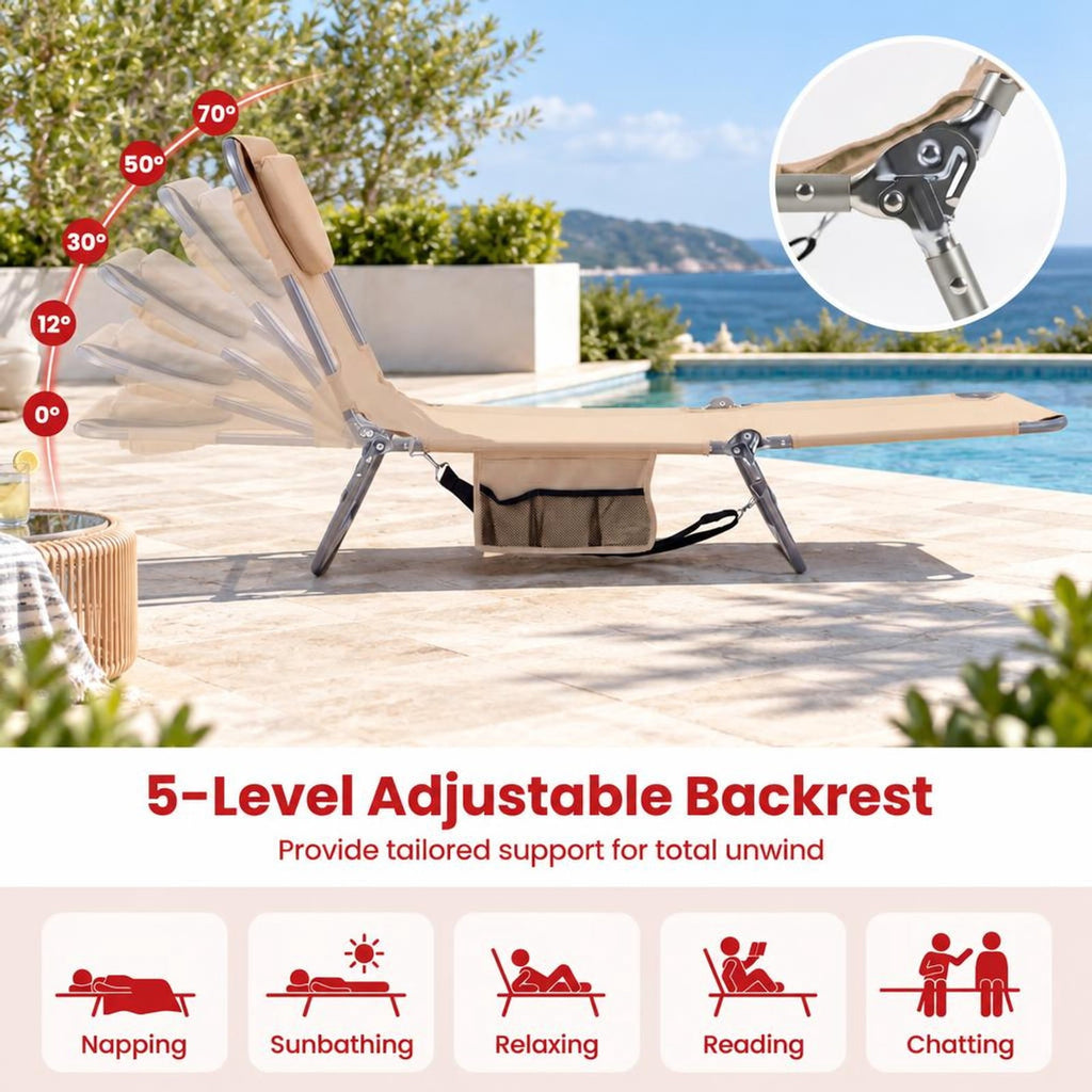 Airfind Folding Beach Lounge Chair with Adjustable Backrest for Lawn, 330 lbs Capacity, Metal Oxford Fabric Polyester Sponge Frame, Beige