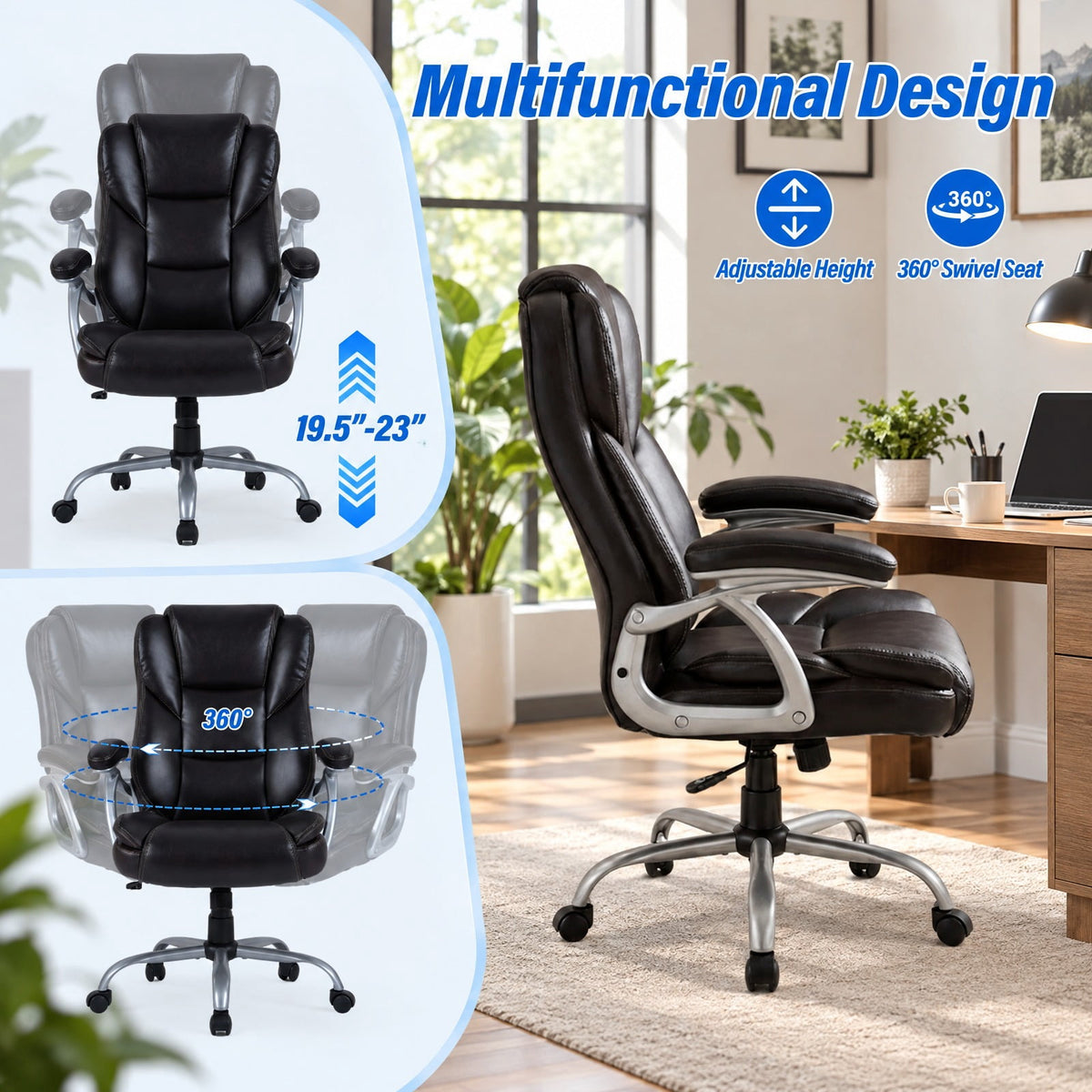 Airfind Executive Office Chair Leather Ergonomic Computer Desk Chair with Padded Seat and Armrests, 330 lbs Capacity, Brown