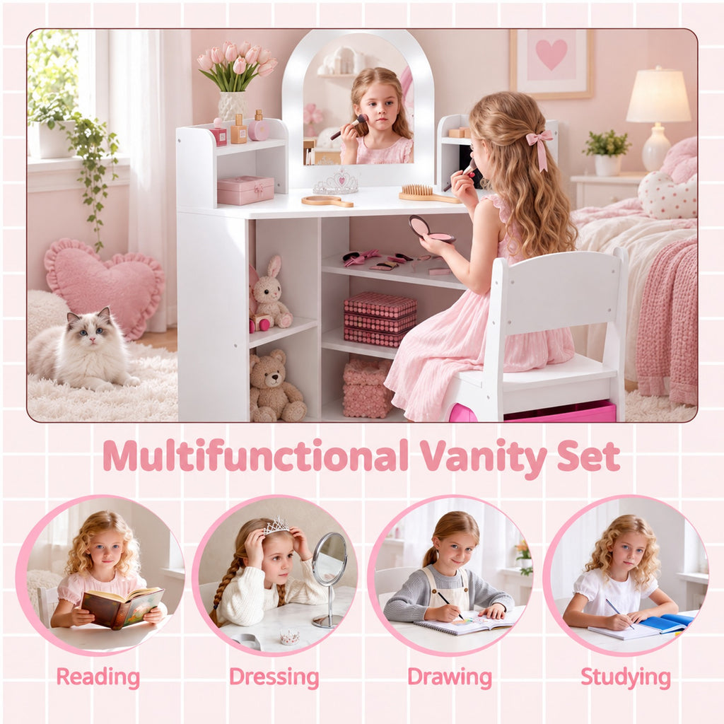 Airfind 2-In-1 Kids Vanity Set with Lights and Ring Slots for Toddlers 3+ Years Old, 45 lbs Capacity, MDF Non-woven Fabric Frame, White