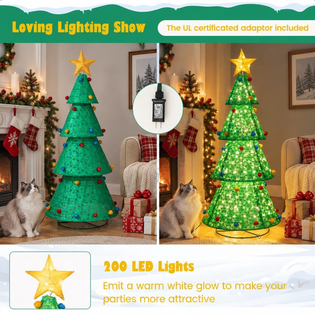 Airfind Pop-Up Christmas Tree with 200 Warm White LED Lights for Indoors Outdoors, Nylon Metal Tree Height: 6.5 ft Tree Width: 2.7 ft Frame, White