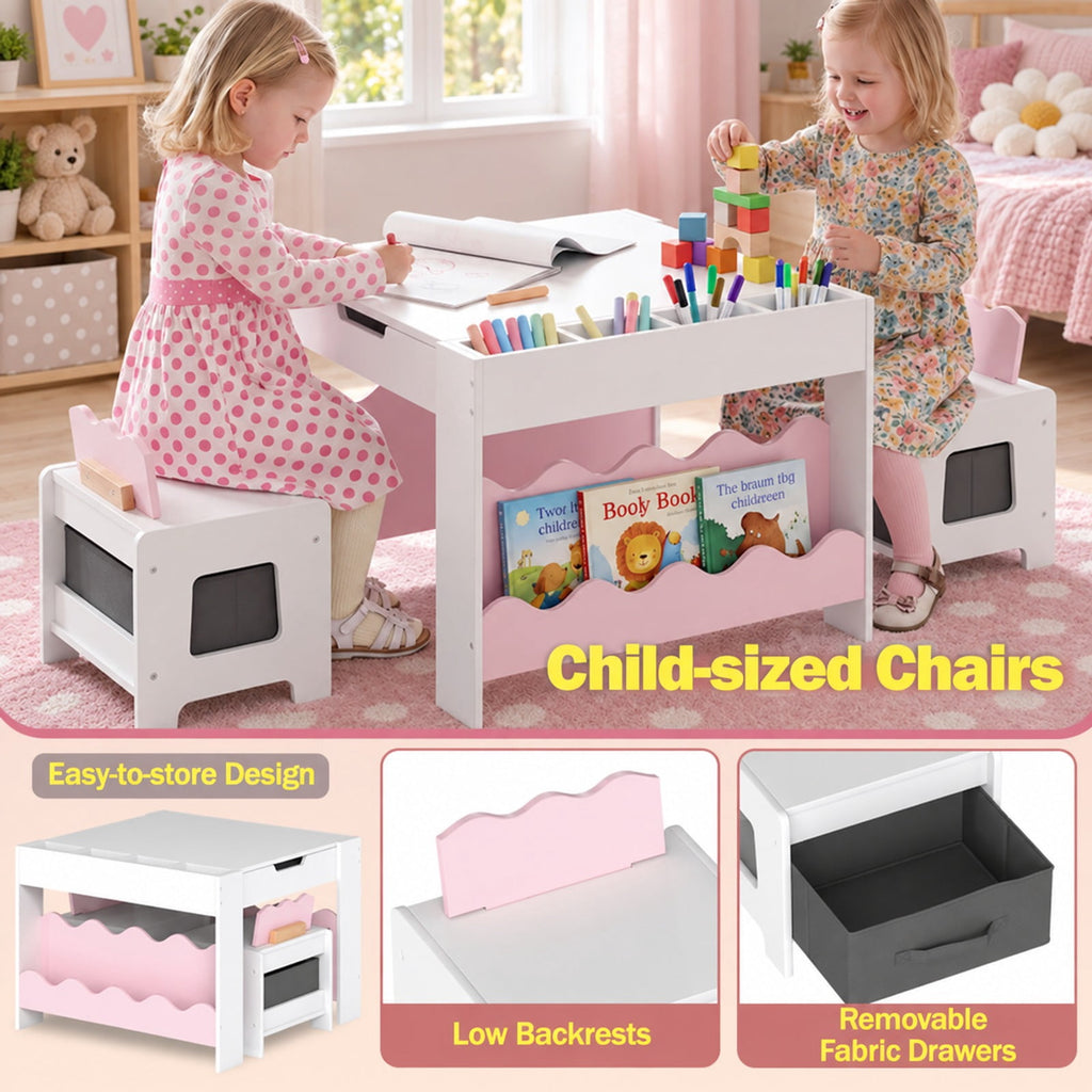 Airfind Youth Table and Chairs Set, Multi-purpose Activity, with Double-sided Tabletop, 55 lbs Capacity, MDF Frame, 26 Inch x 25 Inch x 19 Inch Footprint, Pink