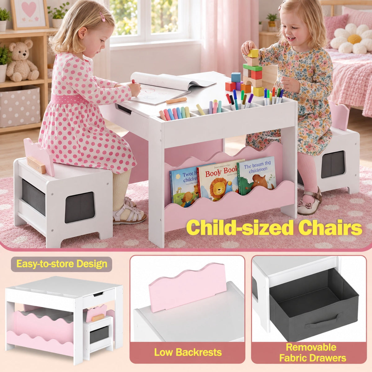 Airfind Youth Table and Chairs Set, Multi-purpose Activity, with Double-sided Tabletop, 55 lbs Capacity, MDF Frame, 26 Inch x 25 Inch x 19 Inch Footprint, Pink