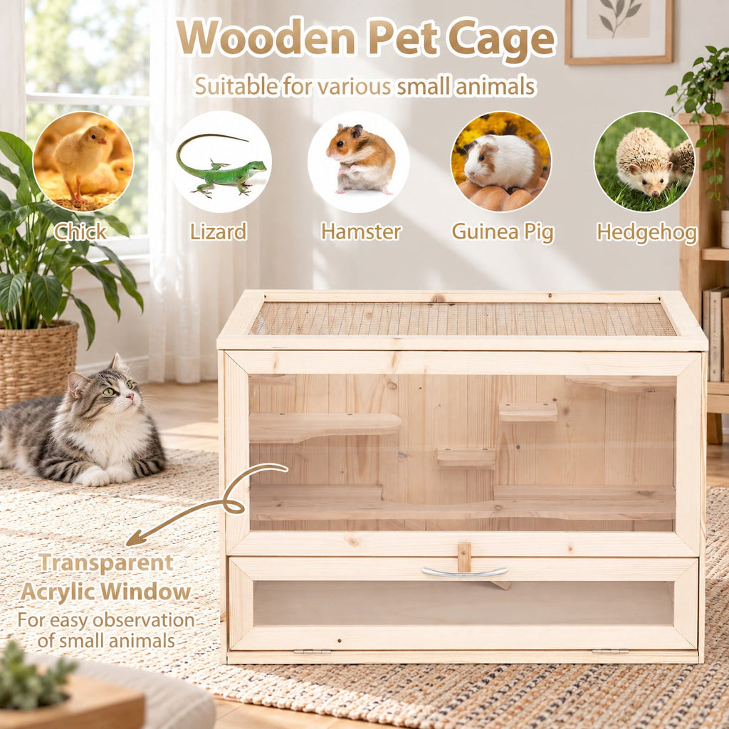 Airfind Wooden Hamster Cage with Mesh Flip Roof, Fir Wood Acrylic Frame, 23.5 x 14 x 16.5 Cage Inside Footprint, Natural