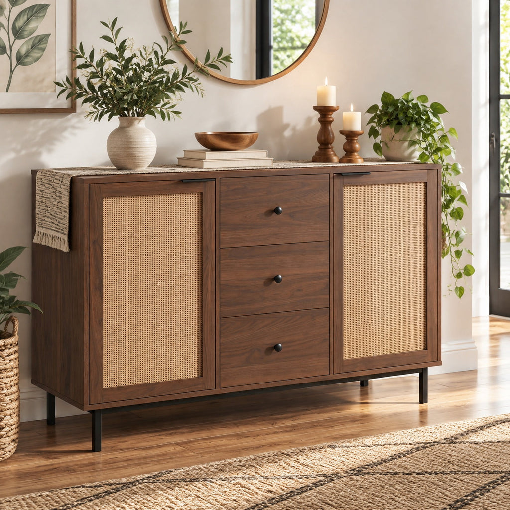Airfind Sideboard Buffet Cabinet Rustic Farmhouse Coffee Bar Table with 2 Rattan Doors and 3 Drawers, 110 lbs Capacity, Engineered Wood Frame, Brown
