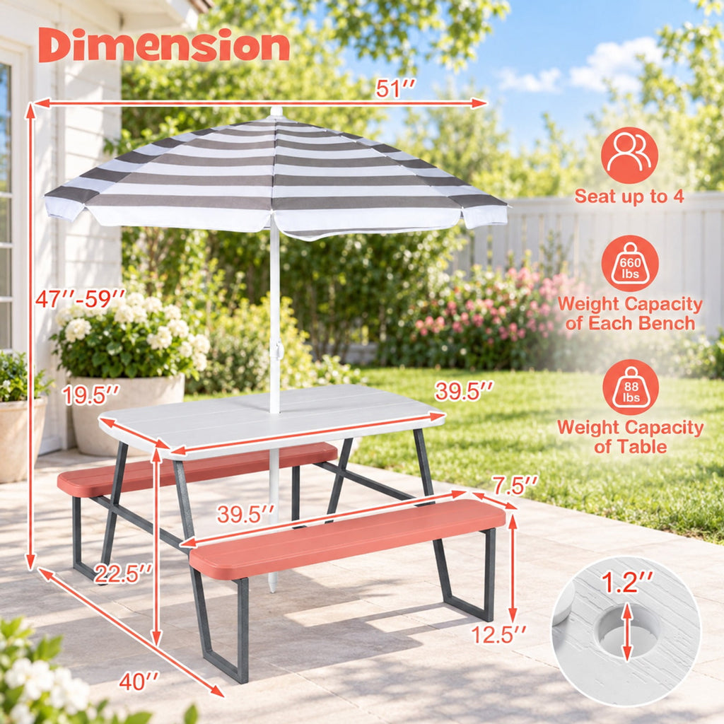Airfind Kids Picnic Table with Benches Seats up to 4, 660 lbs Capacity, Metal Frame, for 3+ years old, 40 x 39.5 x 59 Tabletop Footprint, Pink