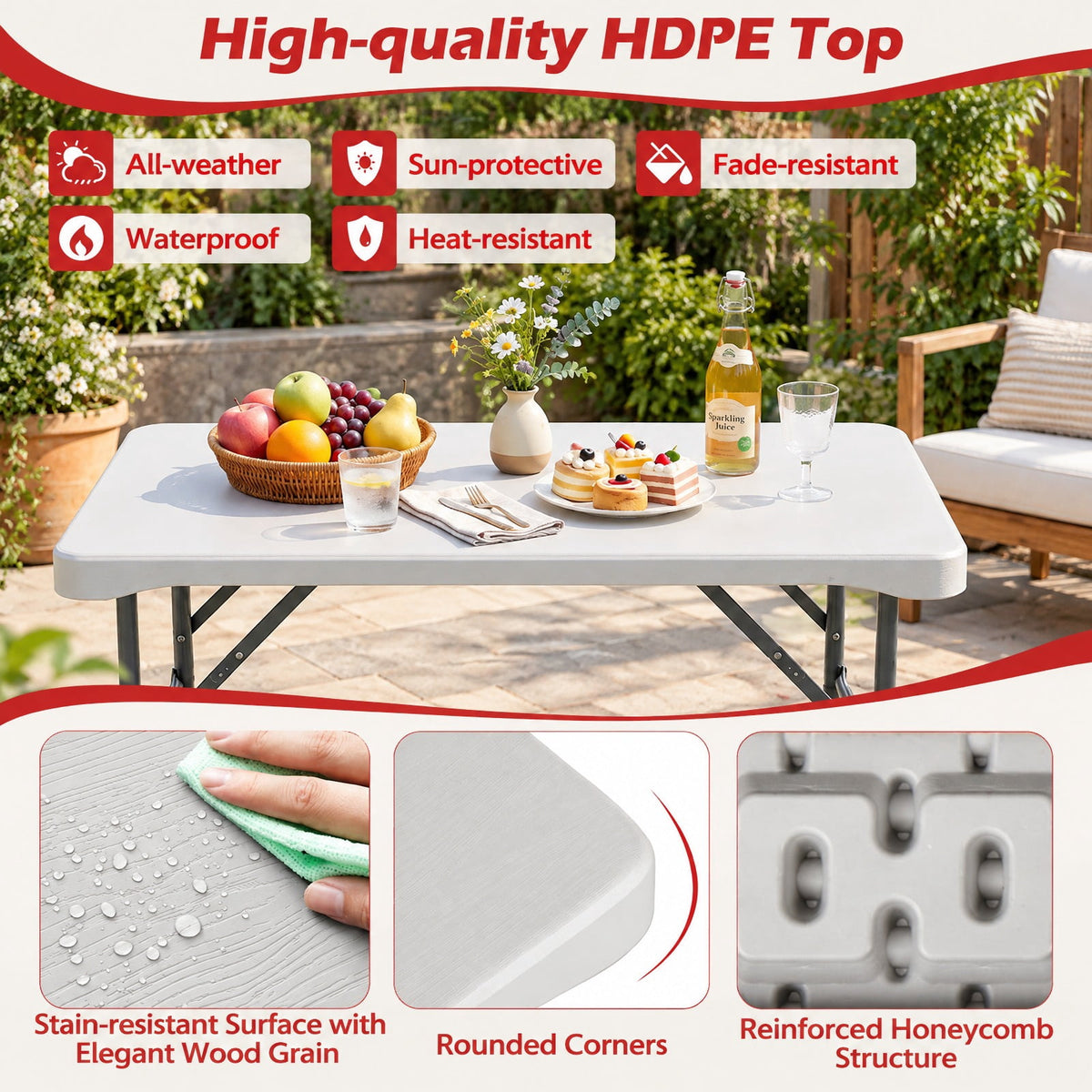 Airfind 44 Inch HDPE Folding Picnic Table Set with 2 Benches, 110 lbs Capacity, HDPE Metal Frame, 44 Inch x 24 Inch x28 Inch Footprint, White
