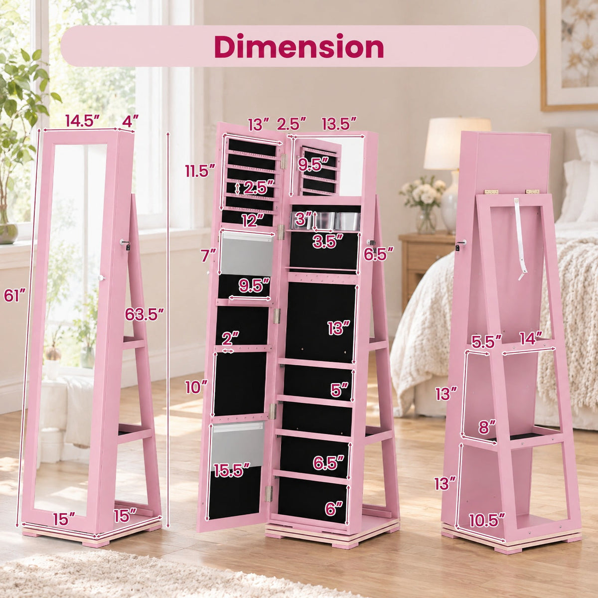 Airfind 360° Rotatable 2-in-1 Lockable Jewelry Cabinet with Full-Length Mirror, P2 MDF, 15 Inch x 15 Inch x 63.5 Inch (L x W x H) External, Pink