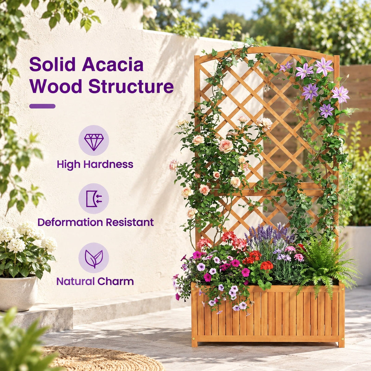 Airfind Wooden Raised Garden Bed with Trellis 63 Inch Tall Garden Planter, 80 kg Capacity, Acacia Wood Frame, 31.5 x 15.7 x 63 Footprint, Natural