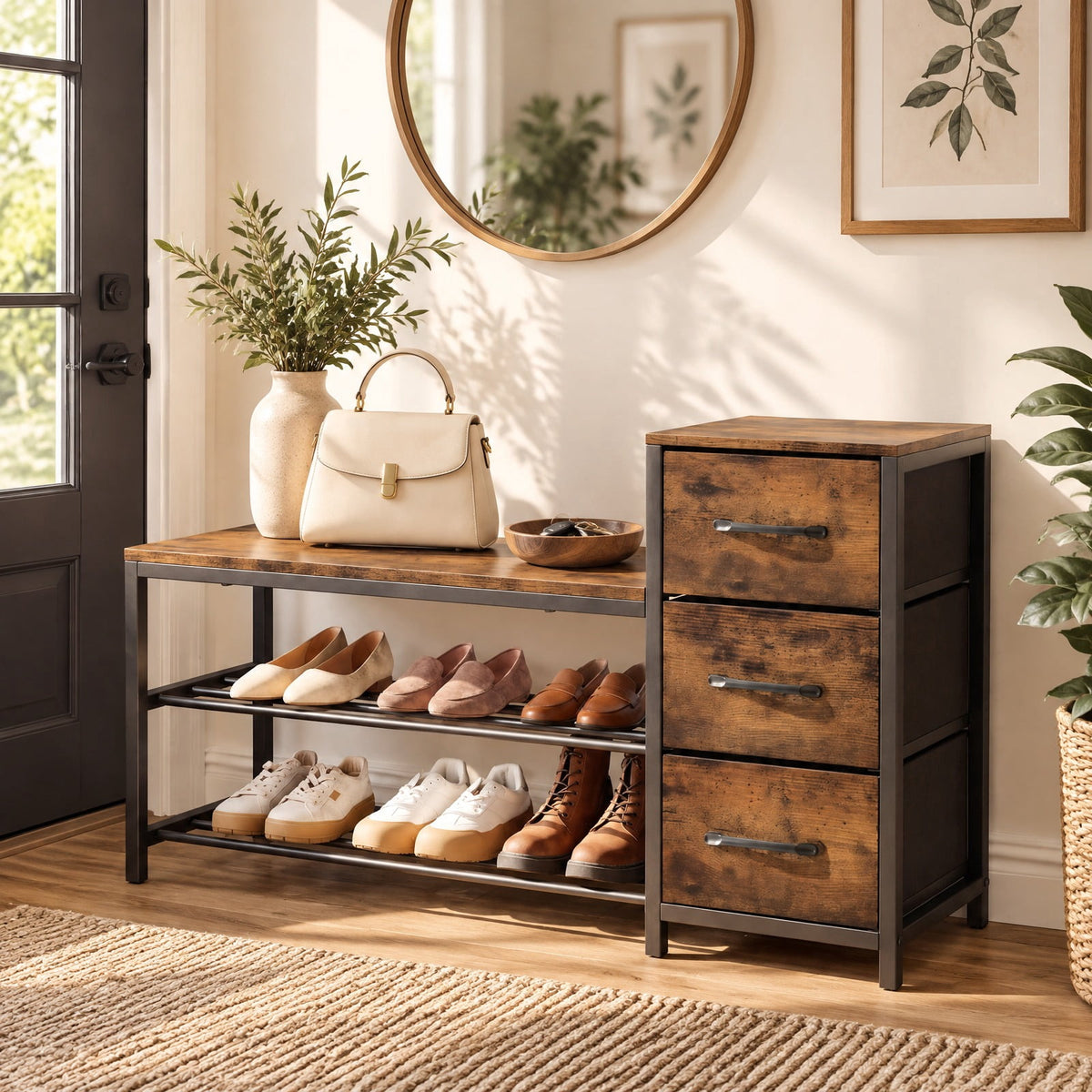 Airfind 3-Tier Industrial Shoe Bench with 3 Removable Fabric Drawers and Anti-toppling Kits, 209 lbs Capacity, Engineered Wood Frame, Brown