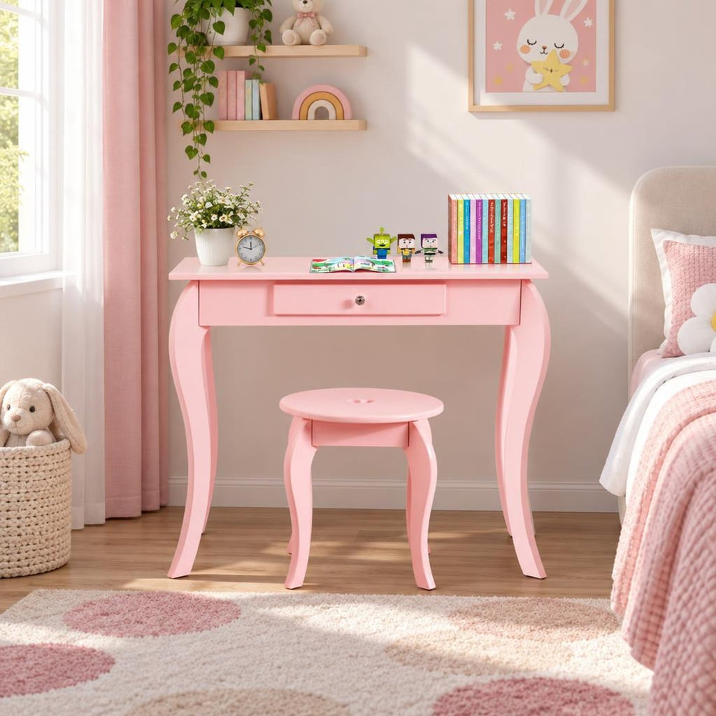Airfind Kids Princess Makeup Dressing Play Table Set with Mirror, 33 lbs Capacity, MDF pine Frame, 27.5 Inch x 13.5 Inch x 41.5 Inch Footprint, Pink