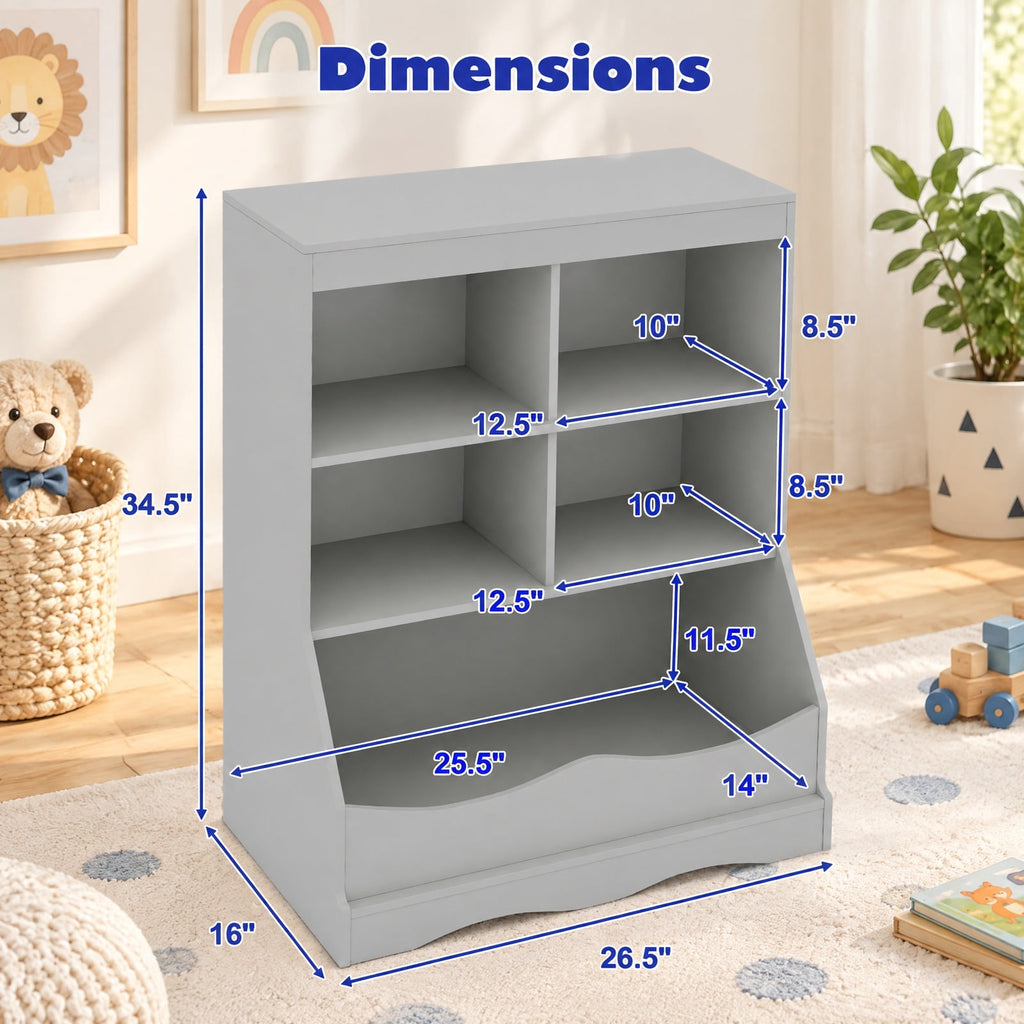 Airfind 3-Tier Childrens Multi-Functional Bookcase Toy Storage Bin Floor Cabinet, 66 lbs Capacity, MDF Engineered Wood Frame, Grey