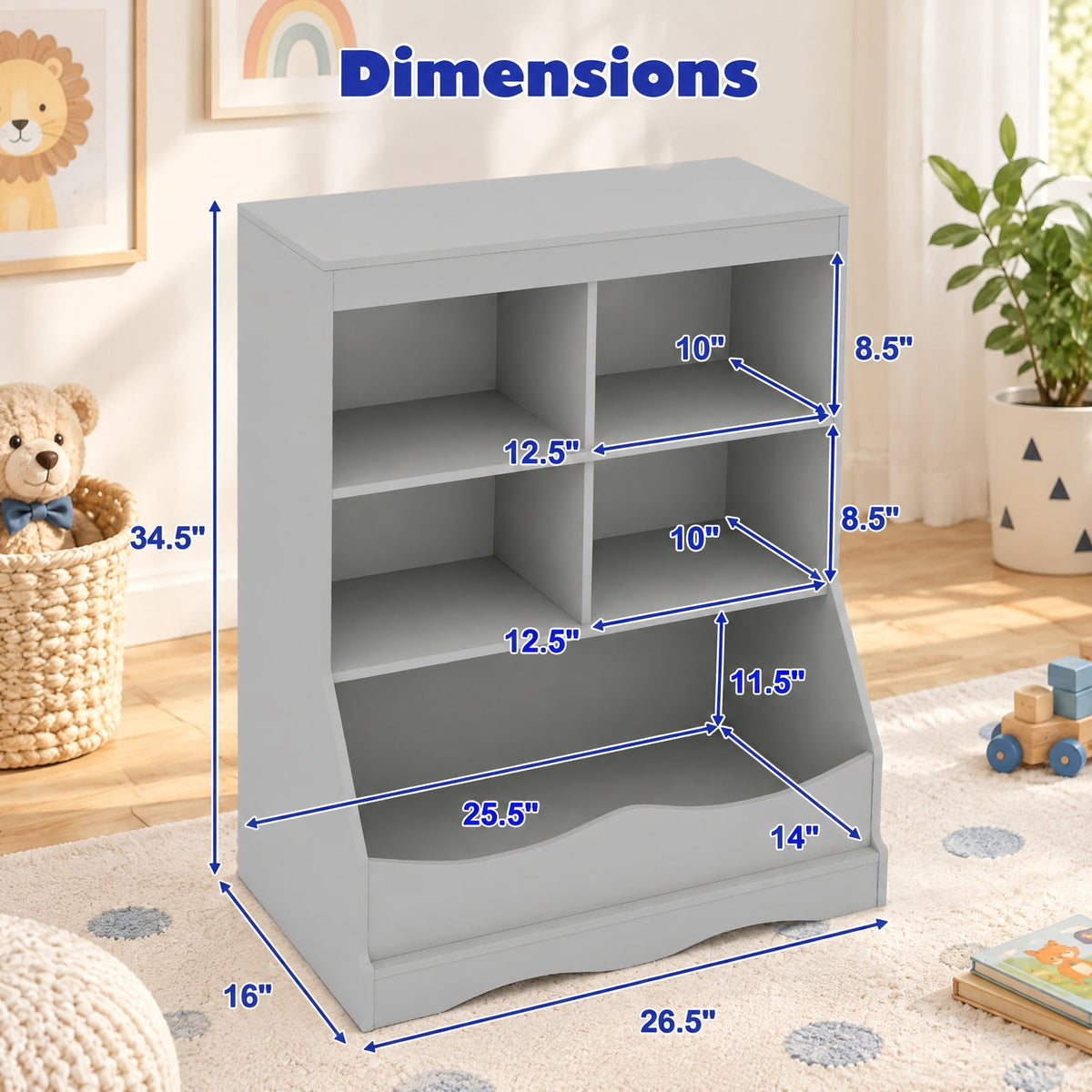 Airfind 3-Tier Childrens Multi-Functional Bookcase Toy Storage Bin Floor Cabinet, 66 lbs Capacity, MDF Engineered Wood Frame, Grey