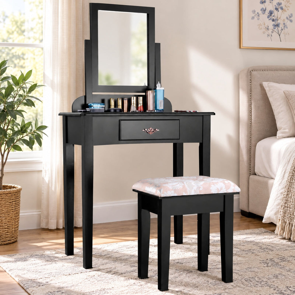 Airfind Vanity Dressing Table Stool Set with Large Makeup Mirror, 286 lbs Capacity, Wood Frame, 29.5 Inch x 16.0 Inch x 53.5 Inch (L x W x H) The Footprint