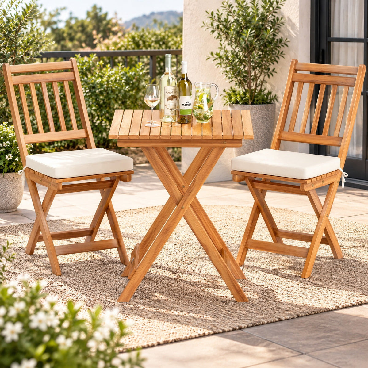 Airfind Outdoor Wood Bistro Set with Soft Seat Cushions and Table, Chair 400 lbs Capacity, Acacia Wood Polyester Sponge Frame, White