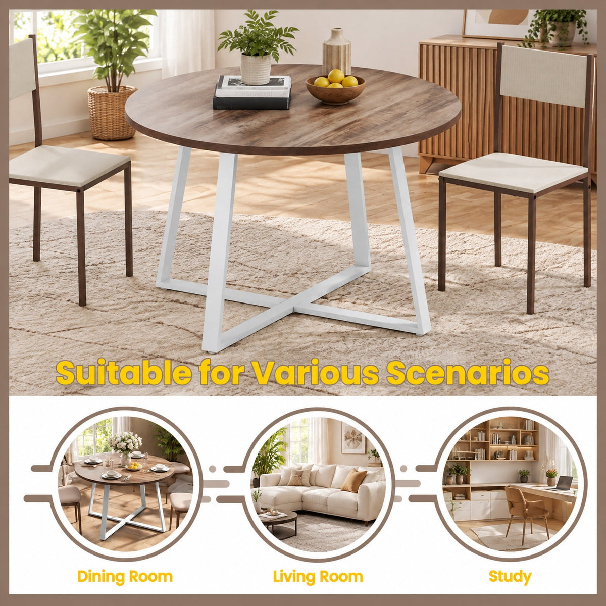 Airfind 47 Inch Round Dining Table with Stable X-shaped Base and Round Thickened Tabletop, 220 Lbs Capacity, Engineered Wood Metal, Natural