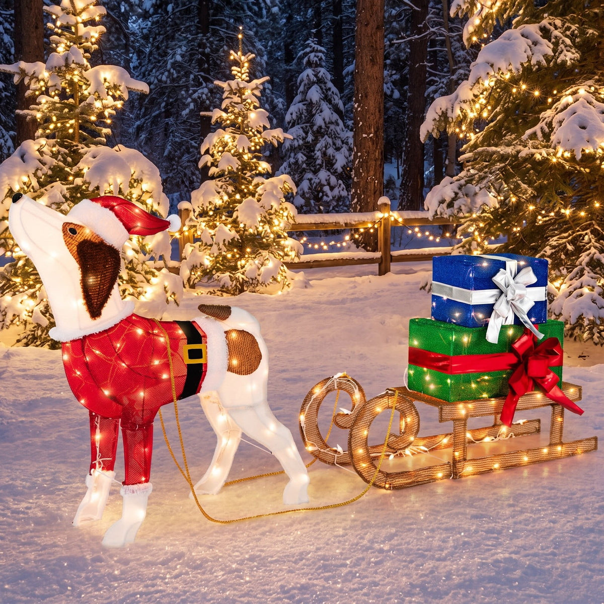 Airfind Outdoor Pre-lit Xmas Dog and Sleigh with 170 Warm Bright Lights for Porch, Fabric Metal