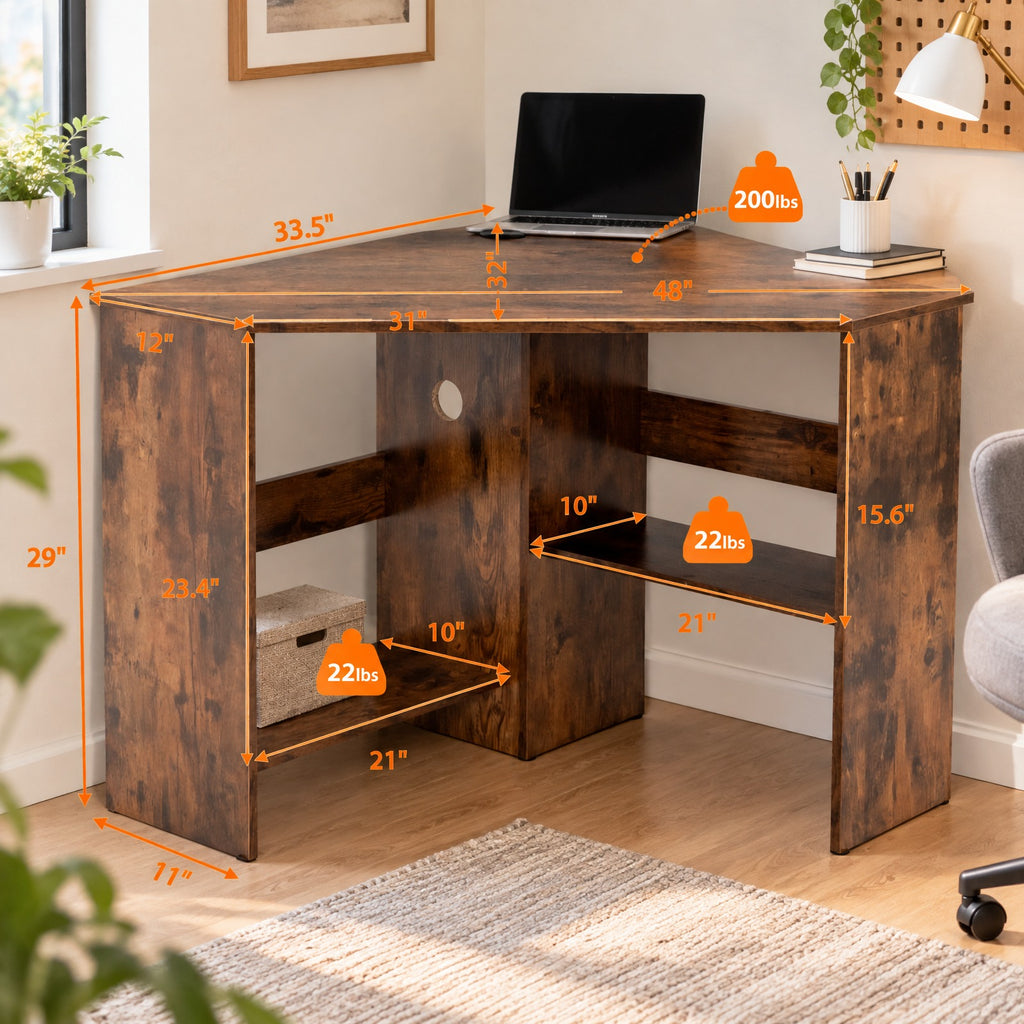 Airfind Corner Computer Desk Triangle Writing Workstation with Storage Shelf, 200 lbs Capacity, E0 engineered wood Frame, Brown
