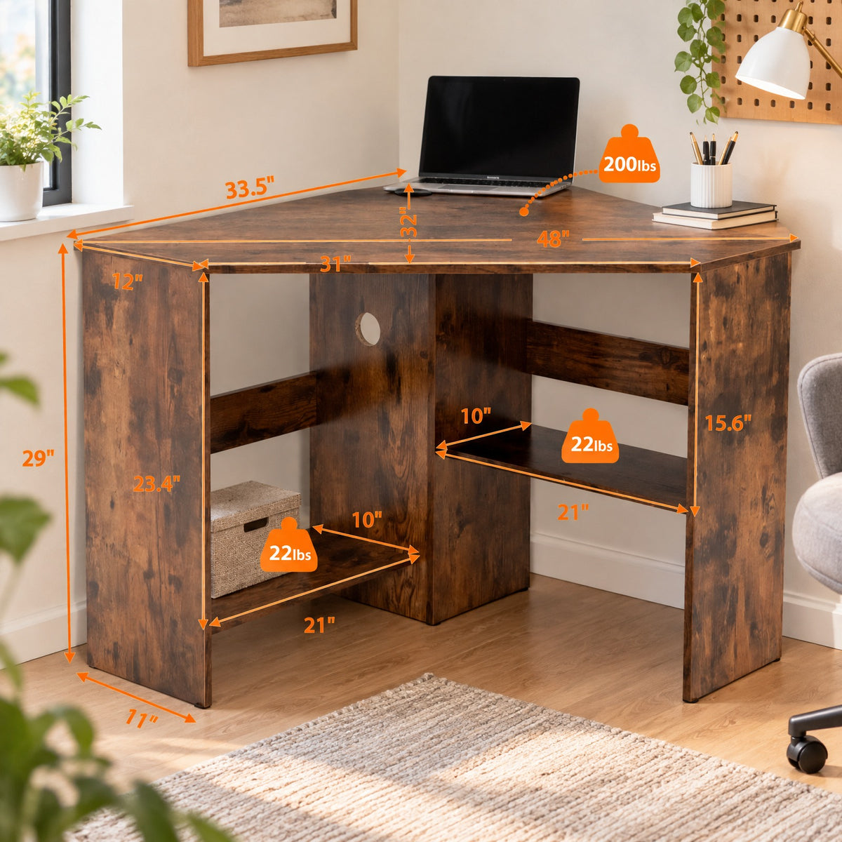 Airfind Corner Computer Desk Triangle Writing Workstation with Storage Shelf, 200 lbs Capacity, E0 engineered wood Frame, Brown