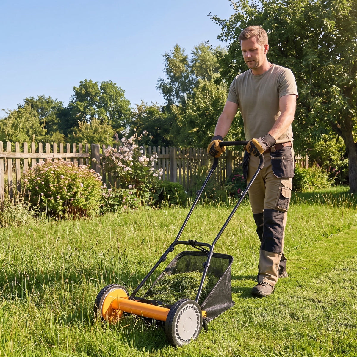 Airfind 16 Inch Push Lawn Mower with 5 Steel Blades and Grass Catcher Bag, Manganese Steel Metal PVC PP Frame, Orange