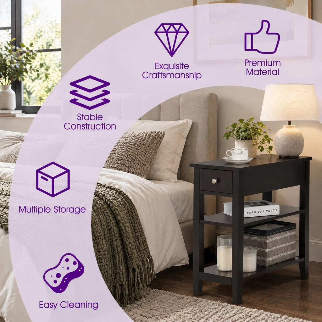 Airfind 3-Tier End Table with Drawer slideway and Double Shelves, 90 lbs Capacity, MDF Frame, 24 Inch x 12 Inch x 24.5 Inch (L x W xH) Drawer Footprint, Brown