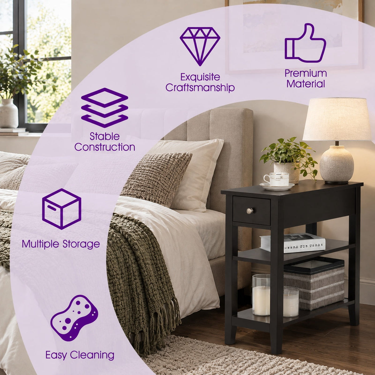 Airfind 3-Tier End Table with Drawer slideway and Double Shelves, 90 lbs Capacity, MDF Frame, 24 Inch x 12 Inch x 24.5 Inch (L x W xH) Drawer Footprint, Brown