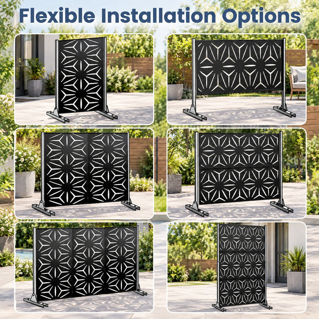 Airfind 72H x 48W Freestanding Fence Panel with Stand and Expansion Bolts, Metal Frame, 48 x 16 x 72 Footprint, Black