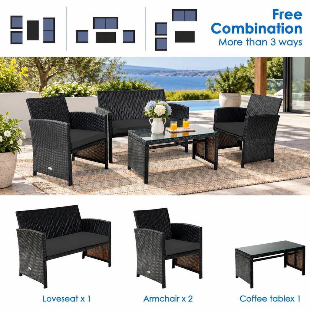 Airfind 4 Pieces Patio Rattan Cushioned Furniture Set with Coffee Table, Rattan Frame, 43.5 x 25 x 31 Footprint, Black