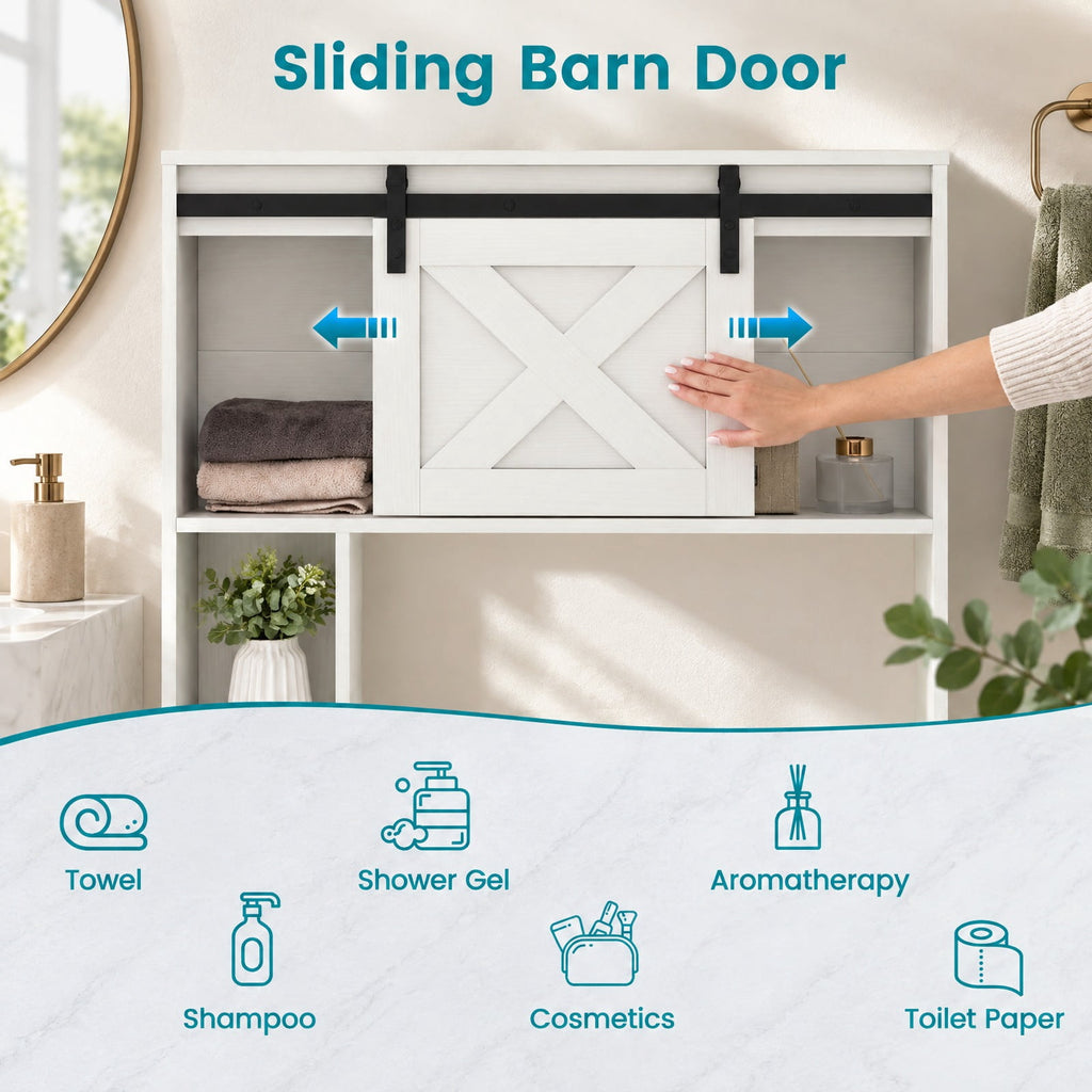 Airfind 4-Tier Over The Toilet Storage Cabinet with Sliding Barn Door and Storage Shelves, 154 lbs Capacity, Engineered Wood MDF Frame, White