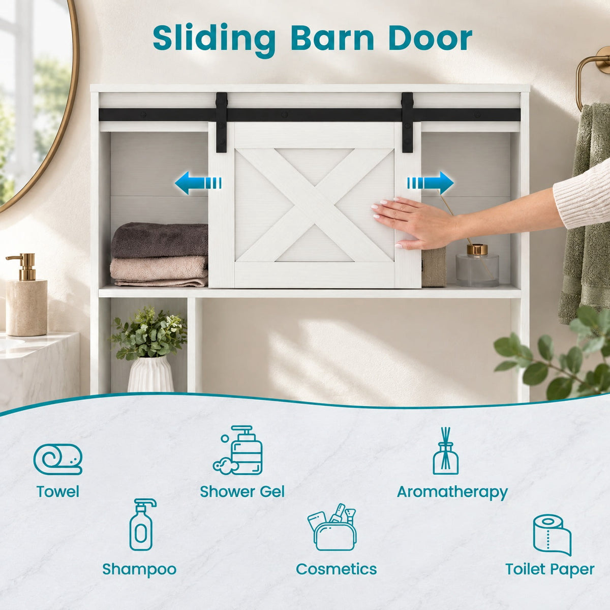 Airfind 4-Tier Over The Toilet Storage Cabinet with Sliding Barn Door and Storage Shelves, 154 lbs Capacity, Engineered Wood MDF Frame, White