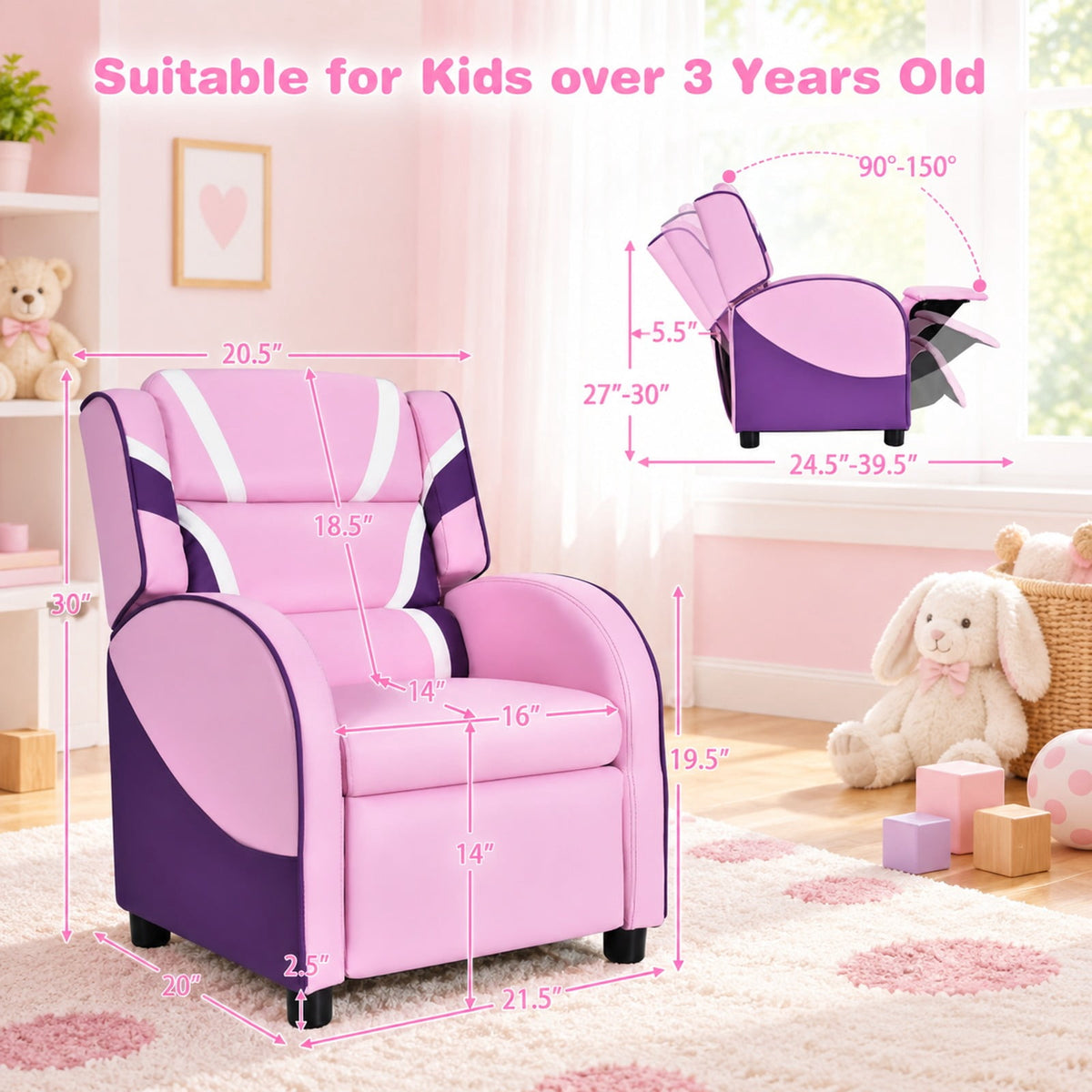 Airfind Kids Leather Recliner Chair with Side Pockets, Solid wood PU leather sponge plastic iron Frame, for 3-9 years old, Pink