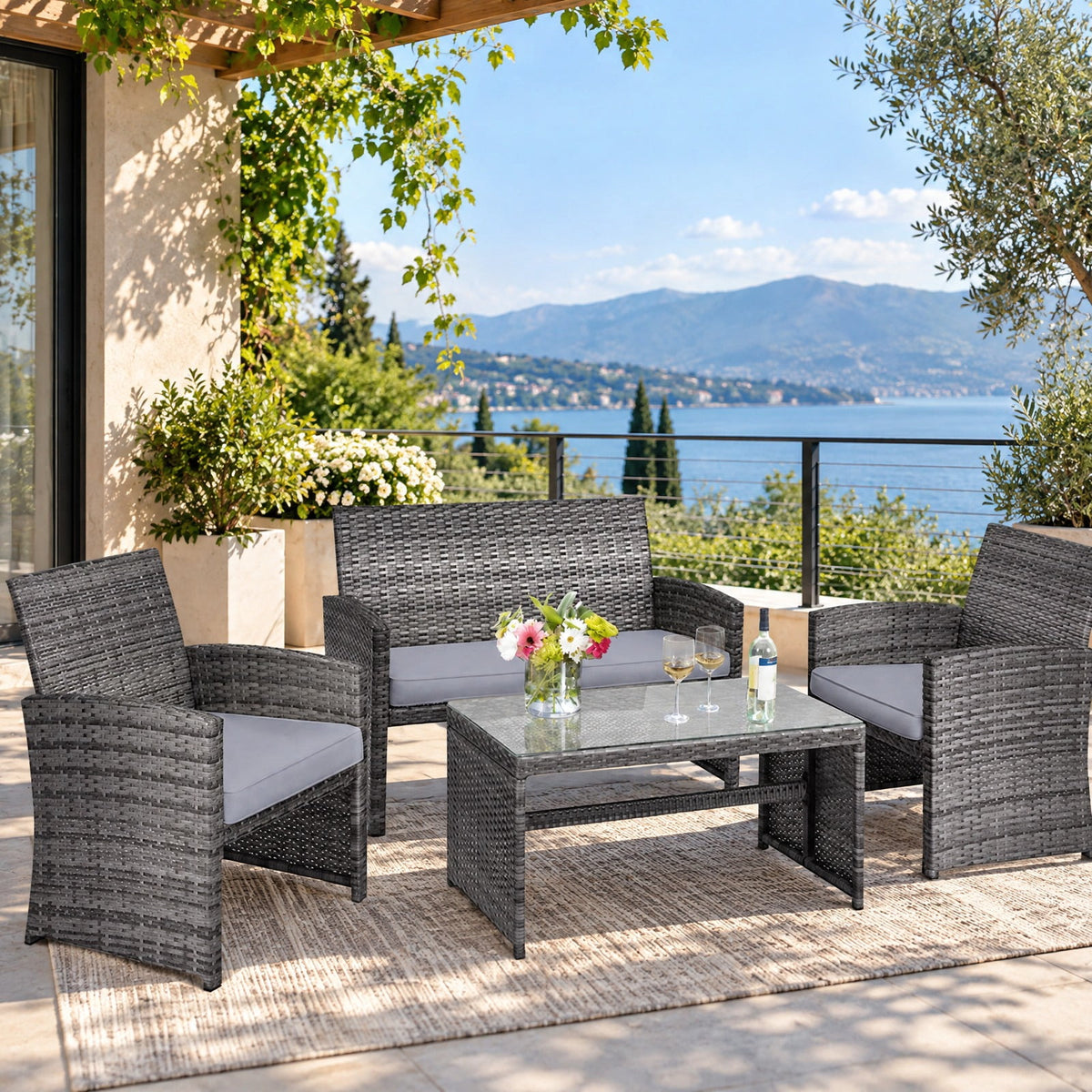 Airfind 4 Pieces Patio Rattan Furniture Set with Glass Table and Loveseat, PE Rattan Polyester Fiber Steel Sponge Single Sofa Frame, Gray