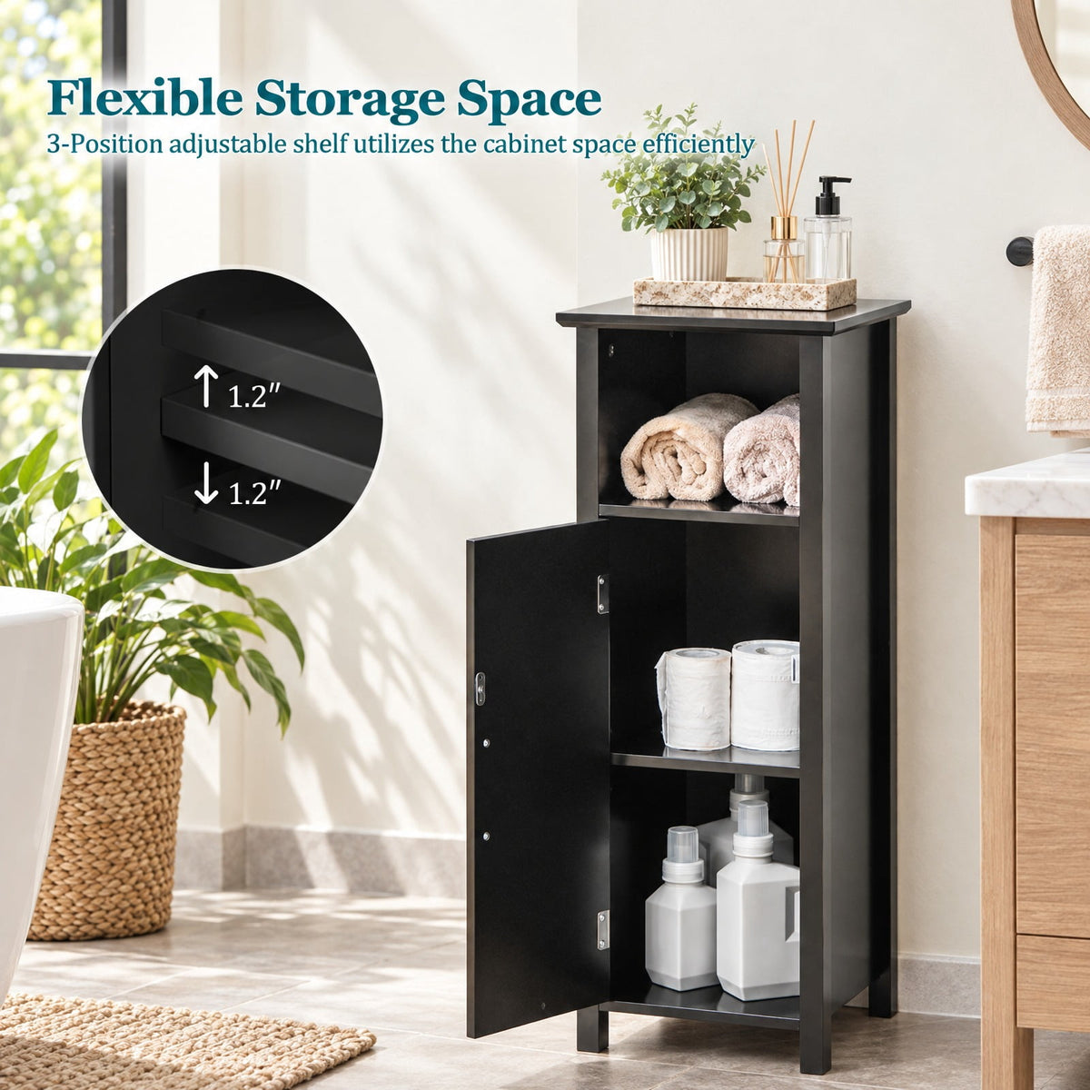 Airfind Bathroom Storage Organizer with 2-Tier Cabinet, 66 lbs Capacity, MDF Frame, 12in x 12in x 31.5in Footprint, Black