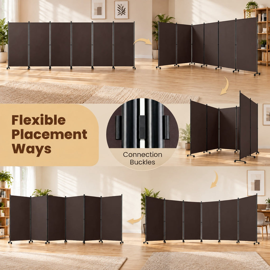 Airfind 6 Panel Folding Privacy Screen Room Divider with Wheels, Polyester Fabric Metal PP Frame, 205 x 12 x 71.5 Footprint, Coffee