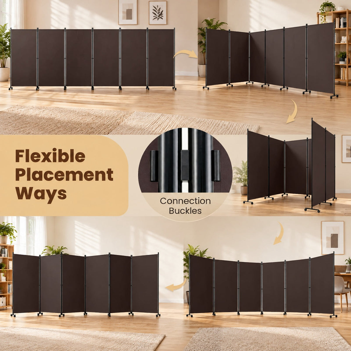 Airfind 6 Panel Folding Privacy Screen Room Divider with Wheels, Polyester Fabric Metal PP Frame, 205 x 12 x 71.5 Footprint, Coffee
