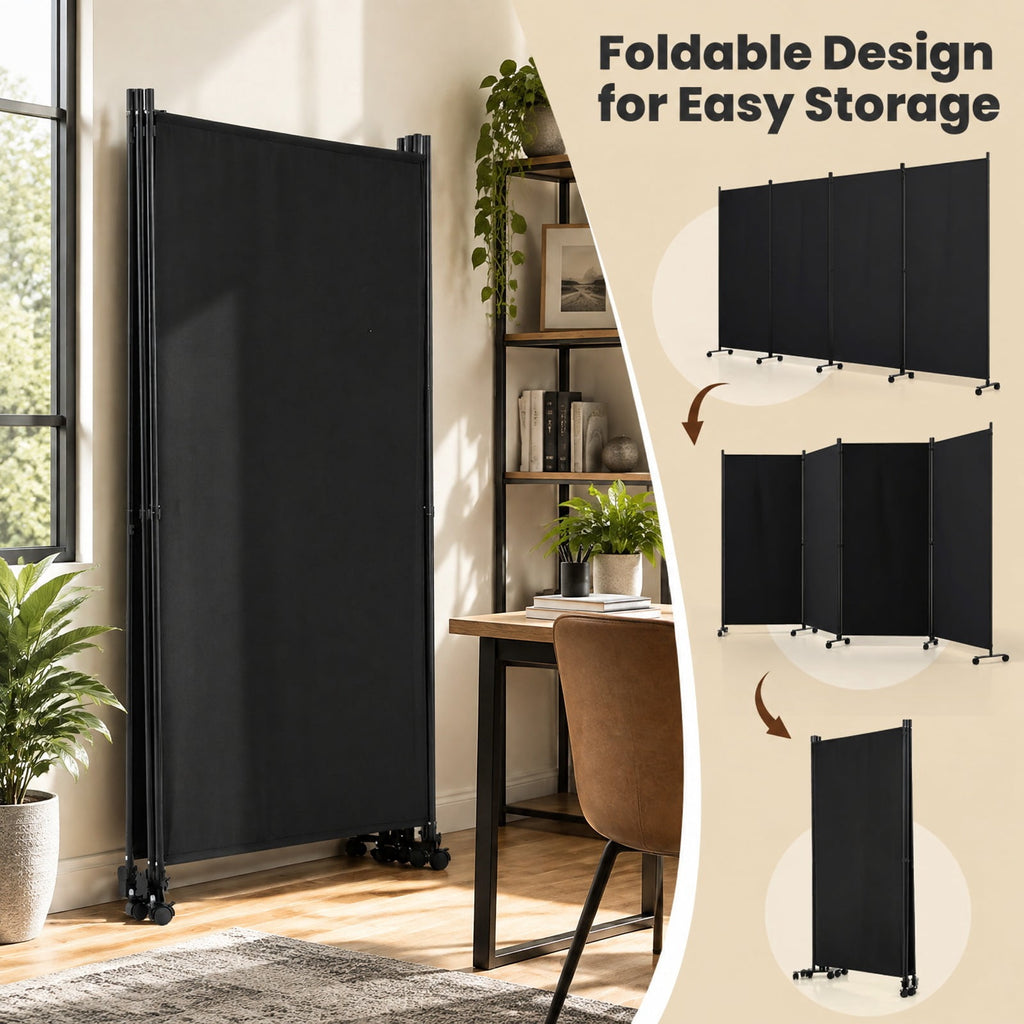 Airfind 4 Panel Folding Privacy Screen Room Divider with Wheels, Polyester Fabric Metal PP Frame, 137 x 12 x 71.5 Footprint, Black
