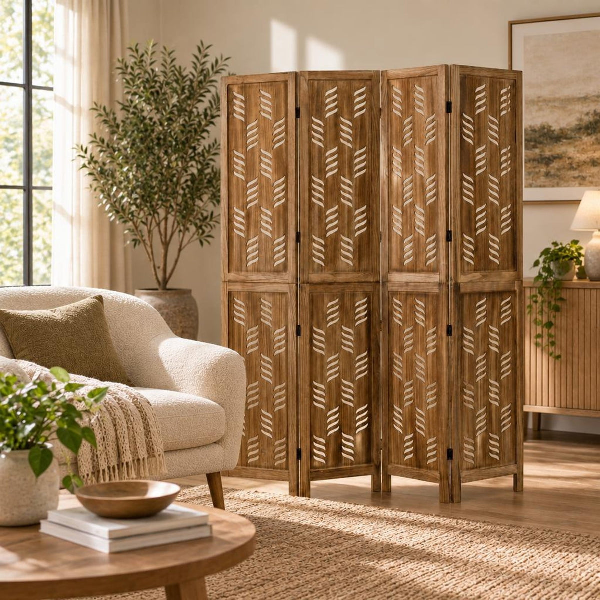 Airfind 5.5 FT Tall Room Divider 4 Panels with Wave Cutout Paulownia Frame for Room, Paulownia Wood Metal Frame, 62 x 67 Footprint, Brown