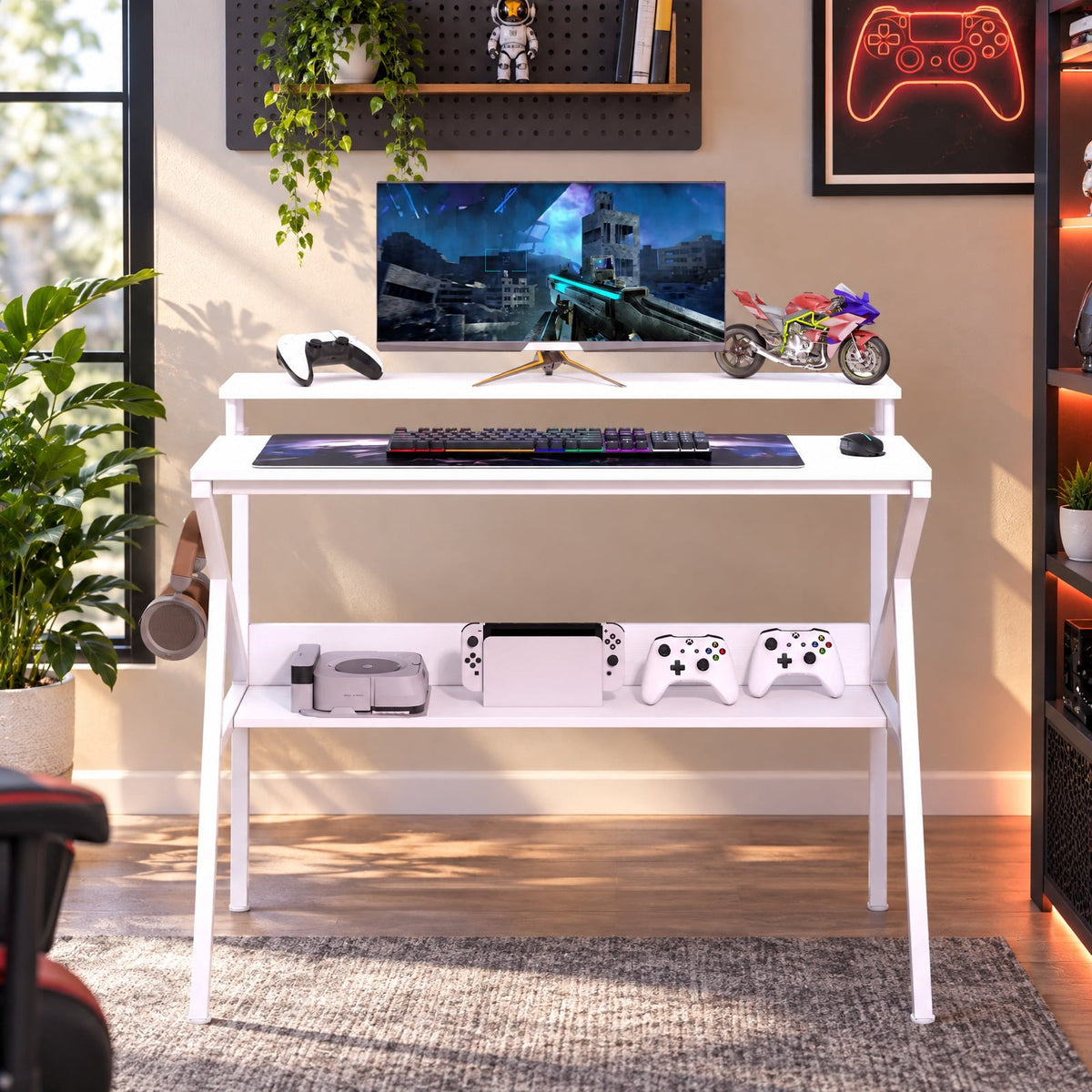 Airfind Space Saving Computer Desk with Monitor Stand and Extra Storage Shelf for Work Study, 200 lbs Capacity, Engineered Wood Metal Frame, White